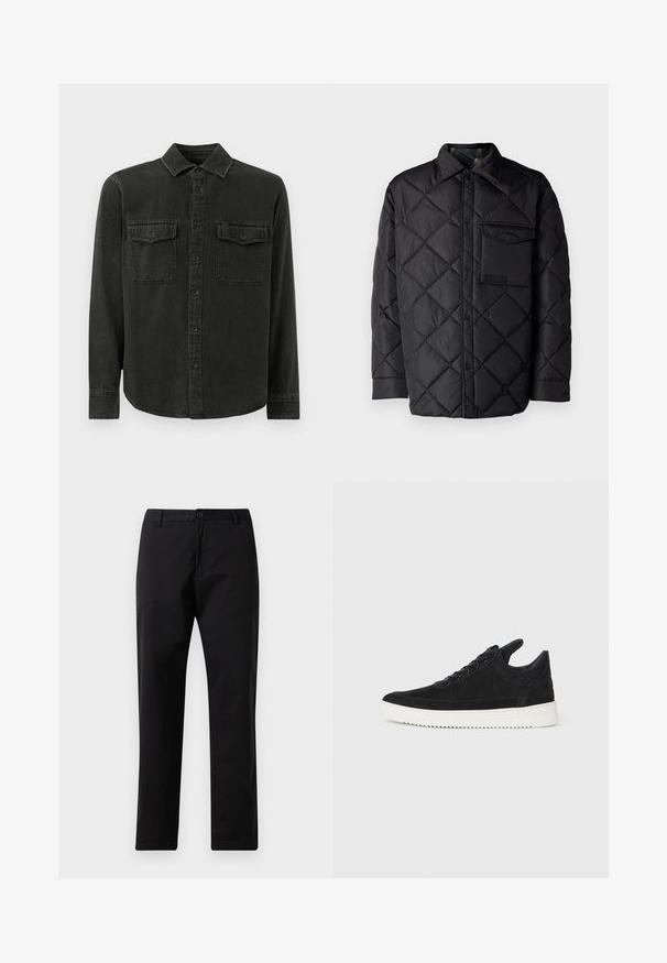 Giacca nera trapuntata con motivo a diamond, maniche lunghe, colletto e taschino sul petto. Texture liscia e chiusura con bottoni a pressione.; Camicia verde scuro con bottoni, realizzata in tessuto morbido, caratterizzata da un colletto, due tasche sul petto, maniche lunghe e un orlo dritto.; Pantaloni neri a gamba dritta con chiusura a bottone e zip, passanti per cintura e tasche frontali, esposti su sfondo bianco.; Sneaker in suede nero con suola in gomma bianca, caratterizzato da cuciture tonali e design con lacci. Texture liscia con una forma moderna e aerodinamica.