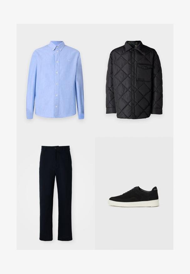 Svart quiltet jakke med diamantmønster, lange ermer, krage og brystlomme. Glatt tekstur og trykknapplukking.; Lys blå langermet skjorte laget av stoff med en glatt tekstur. Har klassisk krage og hvite knapper. Lite logo på brystet.; Navyblå bukser laget av bomull, med rett ben-design, frontlukking med knapp og klassisk midje med beltehanker.; Svart semsket sneakers med snøring og kontrasterende hvit gummisåle. Har teksturerte sidepaneler og subtil merkevare på hælen.