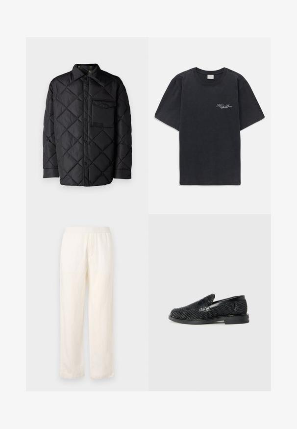 Schwarze gesteppte Jacke mit Diamantmuster, langen Ärmeln, Kragen und einer Brusttasche. Glatte Textur und Druckknopfverschluss.; Schwarzes T-Shirt mit kurzen Ärmeln und Rundhalsausschnitt, mit kleinem weißen "Filling Pieces"-Textlogo auf der linken Brust.; Leichte, crèmefarbene Hose mit elastischem Bund, geradem Bein-Design und subtiler Textur. Hat keine sichtbaren Taschen.; Schwarzer geflochtener Slipper mit einem glatten Lederakzent im Obermaterial, einem runden Zehendesign und einer flachen Gummisohle.