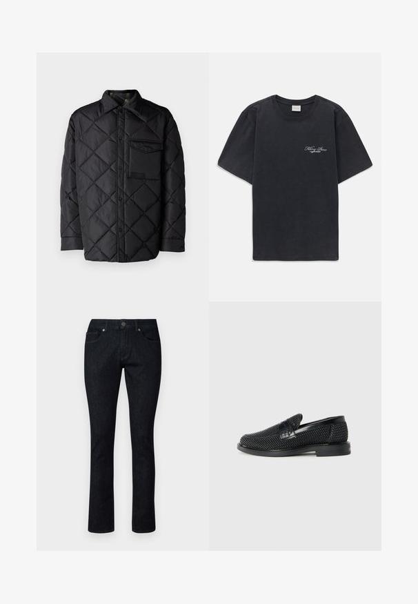 Crna jakna od prešane tkanine s dijamantnim uzorkom, dugim rukavima, ovratnikom i džepom na prsima. Glatka tekstura i zatvaranje na dugmad.; Crna majica kratkih rukava s okruglim izrezom s malim bijelim logotipom "Filling Pieces" na lijevoj strani prsnog koša.; Tamnosive traperice s ravnim nogavicama, sa prednjim džepovima, dugmetom za zatvaranje i kontrastnim šavovima. Nema vidljivih uzoraka ili habanja.; Crne pletene cipele bez pertli s glatkim kožnim naglaskom na gornjem dijelu, s dizajnom okruglog nosa i niskoprofilnom gumenom đonom.