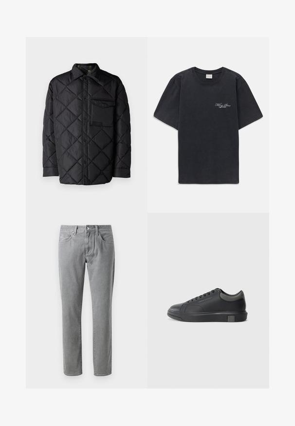 Fekete steppelt dzseki gyémántmintával, hosszú ujjak, gallér és mellzseb. Simaság jellemzi és patentos záródású.; Fekete, rövid ujjú, kerek nyakú póló, bal mellen kis fehér "Filling Pieces" szöveges logóval.; Szürke farmernadrág egyenes szárú fazonnal, öt zsebbel, elöl gombos záródással és világos kontrasztos varrással.; Fekete bőrlábbeli sima felülettel, kerek orral és sötétszürke kiegészítőkkel. Fűzős kialakítású és texturált gumitalppal rendelkezik.