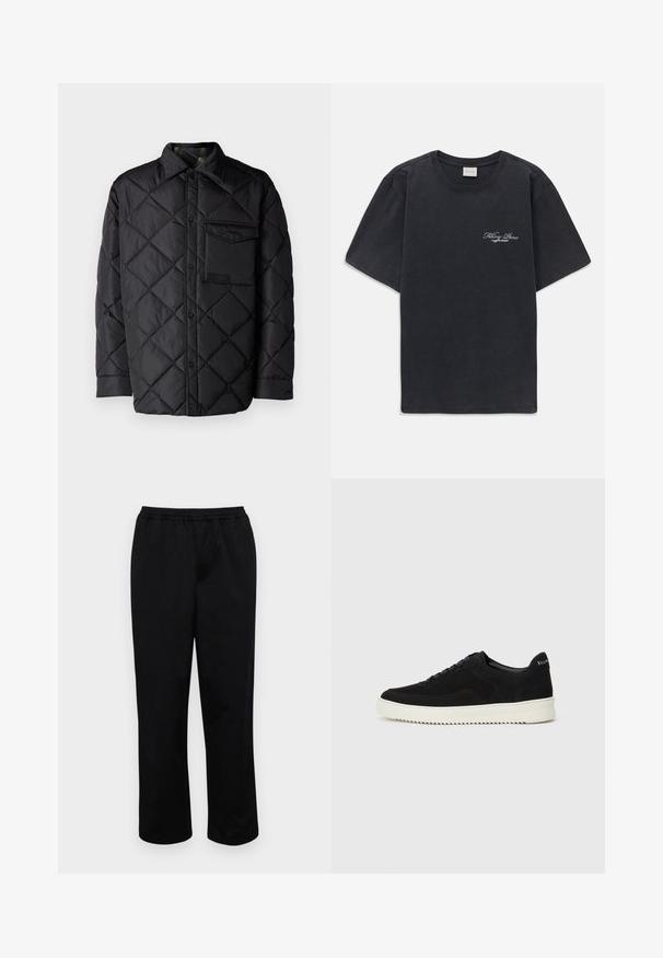 Fekete steppelt dzseki gyémántmintával, hosszú ujjak, gallér és mellzseb. Simaság jellemzi és patentos záródású.; Fekete, rövid ujjú, kerek nyakú póló, bal mellen kis fehér "Filling Pieces" szöveges logóval.; Fekete, közepes hosszúságú nadrág, rugalmas derékkal. Simító anyagból készült, laza szabású, látható zsebek vagy díszítések nélkül.; Fekete velúr sportcipő fűzős dizájnnal és kontrasztos fehér gumitalppal. Jellemzői a textúrázott oldalpanelek és a diszkrét logó a sarokon.