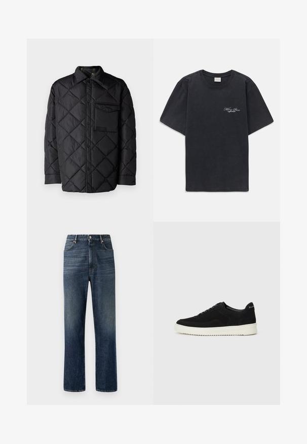 Melnā quiltota virsjaka ar dimanta rakstu, garām piedurknēm, apkakli un krūšu kabatu. Gluda tekstūra un spiedpogu aizdare.; Melna īsās piedurknes T-kreklā ar mazu balto "Filling Pieces" tekstu logotipu uz kreisā krūšu.; Tumši zila džinsu auduma bikses ar taisnu kāju griezumu, redzamām šuvēm, piecu kabatu dizainu un sudraba pogu aizdari jostasvietā.; Melnas zamšas kedas ar auklām un kontrastējošu baltu gumijas zoli. Iekļauj teksturētas sānu panēles un diskretu zīmolu uz papēža.