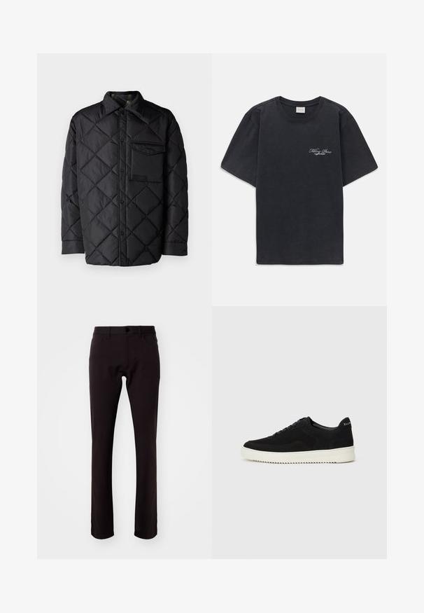 Giacca nera trapuntata con motivo a diamond, maniche lunghe, colletto e taschino sul petto. Texture liscia e chiusura con bottoni a pressione.; T-shirt nera a maniche corte con collo rotondo, dotata di un piccolo logo bianco "Filling Pieces" sul lato sinistro del petto.; Theory RAFFI NEOTERIC - Pantaloni - hickory; Sneaker in suede nero con design con lacci e suola in gomma bianca a contrasto. Presenta pannelli laterali testurizzati e un marchio discreto sul tallone.