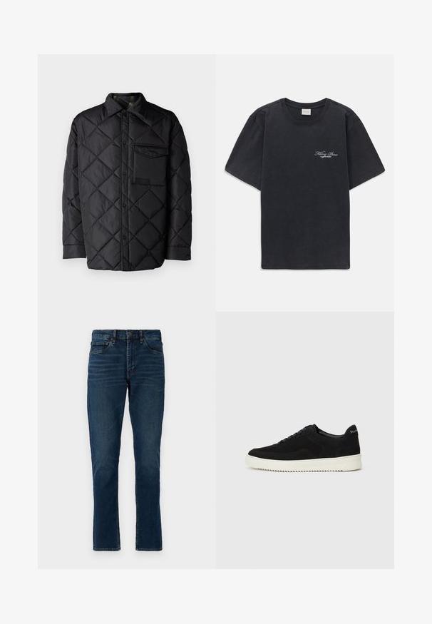 Zwarte doorgestikte jas met ruitpatroon, lange mouwen, een kraag en een borstzak. Gladde textuur en drukknoopsluiting.; Zwarte korte mouwen crew neck t-shirt met klein wit "Filling Pieces" tekstlogo op de linkerborst.; Donkerblauwe denim jeans met rechte pijpen, vijf zakken, riemlussen en subtiele vervagingdetails. Gestikte naden en een knopenfly sluiting.; Zwarte suède sneakers met vetersluiting en contrasterende witte rubberen zool. Voorzien van textuurpanelen aan de zijkanten en subtiele branding op de hiel.
