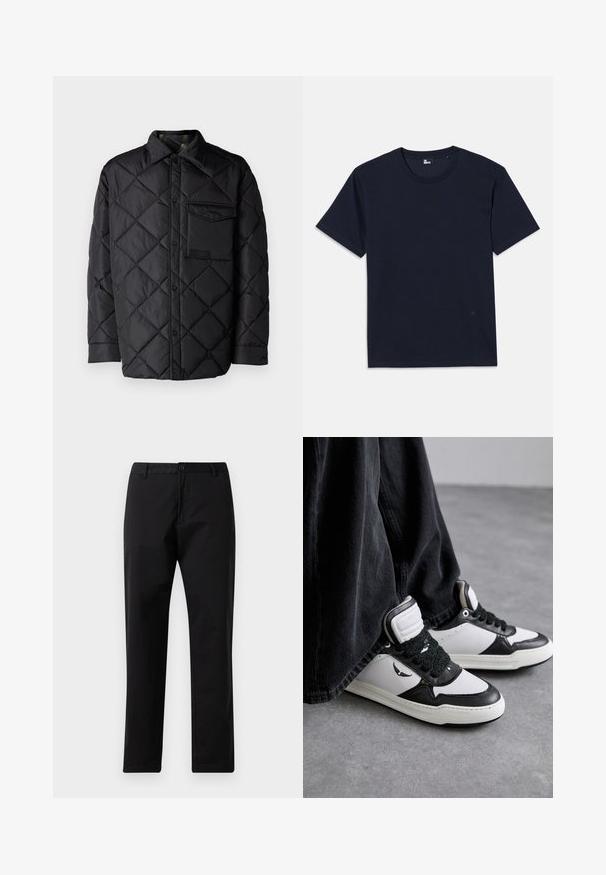 Melnā quiltota virsjaka ar dimanta rakstu, garām piedurknēm, apkakli un krūšu kabatu. Gluda tekstūra un spiedpogu aizdare.; Tumši zila kokvilnas t-krekls ar īsām piedurknēm, apaļu kakla izgriezumu un minimāliem šuvju detalizējumiem. Vienkāršs dizains bez redzamām rakstu vai akcentu pazīmēm.; Melni taisni bikses ar pogu un rāvējslēdzēja aizdari, jostas cilpām un priekšējiem kabatām, izliktas uz baltas fona.; Melnas un baltas augstās kedas ar teksturētu melnu šņorēšanas detalizāciju, izgatavotas no ādas un sintētiskā materiāla, ar logo uz sāna.