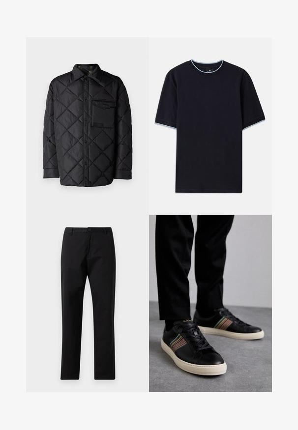 Črna prešita jakna z diamantom, dolgi rokavi, ovratnik in žep na prsih. Gladka tekstura in zapiranje na sponko.; Temno modra kratka majica s kratkimi rokavi in okroglim izrezom, s svetlo modrimi poudarki na ovratniku in rokavih. Narejena iz mehke bombažne tkanine.; Črne trdne hlače z ravnimi nogami, z gumbom in zadrgo, z luknjami za pas in sprednjimi žepi, prikazane na belem ozadju.; Črne usnjene superge z večbarvnimi črtastimi poudarki, okroglo konico in belimi gumijastimi podplati, z vezalnim dizajnom in embosiranim logotipom.