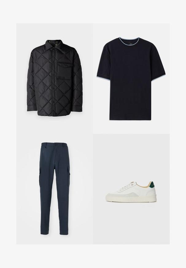 Musta tikattu takki, jossa on timanttipatterni, pitkät hihat, kaulus ja rintatasku. Sileä tekstuuri ja nepparikiinnitys.; T-paita tummansinisestä lyhythihaisesta kankaasta pyöreällä kaula-aukolla, jossa vaaleansininen yksityiskohta kauluksessa ja hihoissa. Valmistettu pehmeästä puuvillakankaasta.; Laivaston cargo-housut, joissa on teksturoitu kangas, kapeat mitat, nappisulku vyötäröllä ja sivutaskut käytännöllisyyden lisäämiseksi.; Valkoiset tennarit, joissa on nahkaosia, pyöreä kärki, tasaiset nauhat ja kermaisa kumi-pohja. Takana vihreä brändäys.