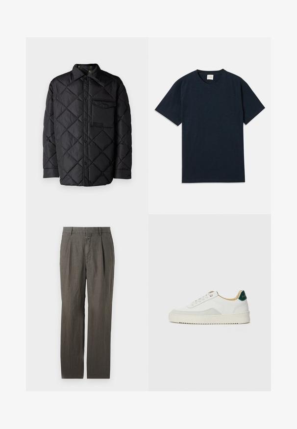 Juodas susiuvinėtas švarkas su deimanto raštu, ilgomis rankovėmis, apykakle ir krūtine kišenėle. Lygus paviršius ir užsegimas snapeliais.; Tamsiai mėlyna trumpomis rankovėmis marškinėliai su apvalia iškirpte, su mažu įspaustu logotipu šalia apatinio krašto.; Pilkos lininės kelnes su tiesiomis kojomis, turinčios priekinės raukšlės ir juosmenį su diskretišku mygtuko uždarymu. Lygi tekstūra.; Baltos sportbačiai su zomšos akcentais, apvaliu nosiu, plokščiais raišteliais ir kreminės spalvos guminiu padu. Ant kulno yra žalia ženklinimo detalė.