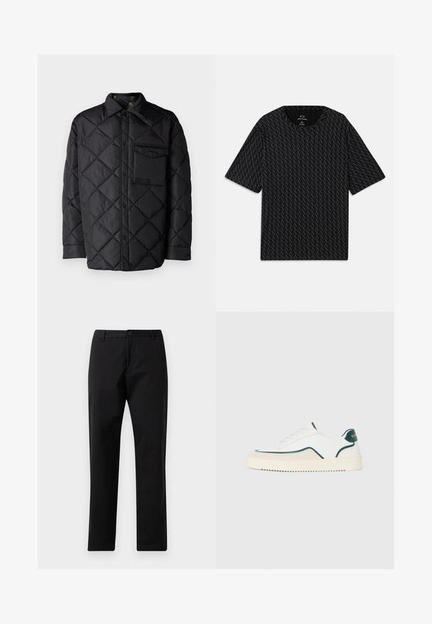 Crna jakna od prešane tkanine s dijamantnim uzorkom, dugim rukavima, ovratnikom i džepom na prsima. Glatka tekstura i zatvaranje na dugmad.; Crna majica s kratkim rukavima koja sadrži teksturirani uzorak izmjeničnih 'A' logotipa i okrugli izrez. Napravljena od laganog materijala.; Crne hlače ravnog kroja s kopčanjem na dugme i patentnom zatvaraču, petljama za remen i prednjim džepovima, prikazane na bijeloj pozadini.; Bijele niske tenisice s zelenim detaljima, bež sušnom oblogom i kremasto bijelim potplatom s rebrastim dnom.