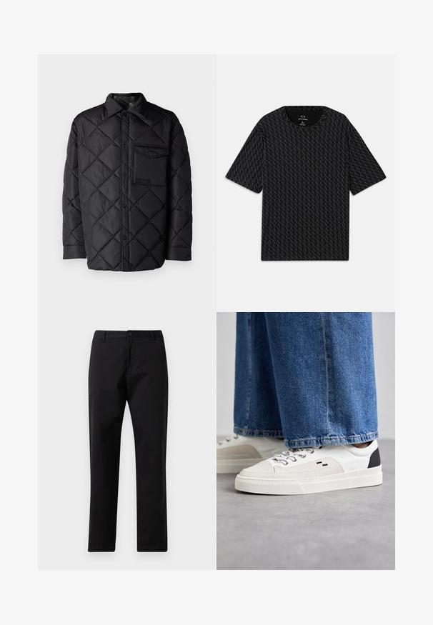 Melnā quiltota virsjaka ar dimanta rakstu, garām piedurknēm, apkakli un krūšu kabatu. Gluda tekstūra un spiedpogu aizdare.; Melna t-kreklu ar teksturētu pārveidojumu, kurā mijas 'A' logotipi, īsām piedurknēm un apaļu kakla izgriezumu. Izgatavots no viegla auduma.; Melni taisni bikses ar pogu un rāvējslēdzēja aizdari, jostas cilpām un priekšējiem kabatām, izliktas uz baltas fona.; Balti un melni apavi ar gludu ādas virsu, teksturētiem akcentiem un masīvu baltu zoli. Iespējojot klasisku šņorējamu dizainu.
