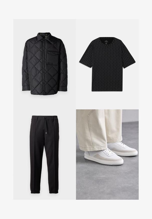 Svart quiltet jakke med diamantmønster, lange ermer, krage og brystlomme. Glatt tekstur og trykknapplukking.; Svart T-skjorte med et teksturert mønster av wekslende 'A' logoer, korte ermer og rund hals. Laget av lett stoff.; Sorte bukser med liv, snor og elastiske mansjetter. Har plisséer og et glatt, teksturert stoff.; Hvite sneakers med en glatt skinnoverdel, beige semsket skinn-detaljer, flate lisser og en teksturert gummisåle, parret med lyse, vide bukser.