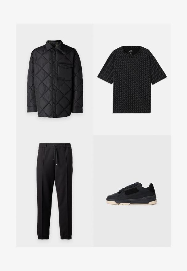 Veste noire matelassée avec motif en losange, manches longues, un col et une poche poitrine. Texture lisse et fermeture à boutons-pression.; T-shirt noir avec un motif texturé de logos 'A' alternés, manches courtes et col rond. Fabriqué en tissu léger.; Pantalons noirs avec une taille élastique, cordon de serrage et poignets élastiques. Présente des plis et un tissu lisse et texturé.; Baskets basses noires avec semelle beige épaisse, panneaux en daim et cuir, et lacets ronds noirs, présentées en profil gauche.