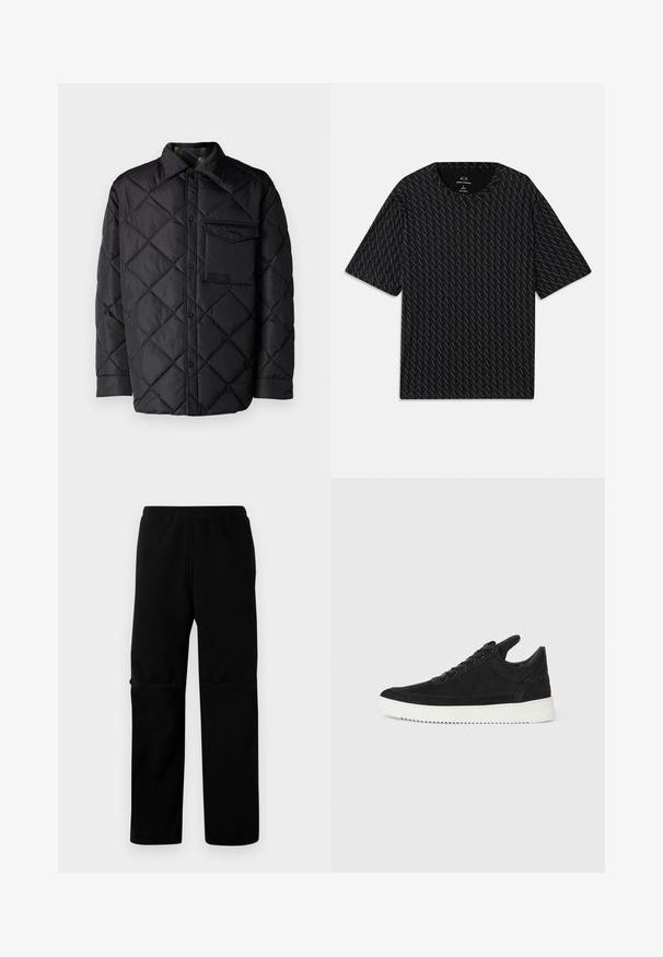 Črna prešita jakna z diamantom, dolgi rokavi, ovratnik in žep na prsih. Gladka tekstura in zapiranje na sponko.; Črna majica s kratkimi rokavi, ki vsebuje teksturiran vzorec iz izmeničnih logotipov 'A', z okroglim izrezom. Narejena iz lahkega materiala.; Črne flis hlače z elastičnim pasom in ravnim krojem. Gladka tekstura brez vidnih vzorcev ali okovij.; Črne semiš športne copate z belo gumijasto podplatom, ki imajo toneče šive in vezalni dizajn. Gladka tekstura z modernim, poenoteno oblikovano silhueto.