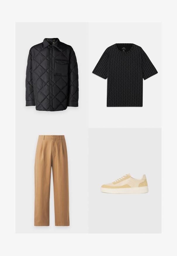 Crna jakna od prešane tkanine s dijamantnim uzorkom, dugim rukavima, ovratnikom i džepom na prsima. Glatka tekstura i zatvaranje na dugmad.; Crna majica s kratkim rukavima koja sadrži teksturirani uzorak izmjeničnih 'A' logotipa i okrugli izrez. Napravljena od laganog materijala.; Smeđe hlače širokih nogavica izrađene od glatke tkanine. Imaju visoki struk s nabora, petlje za remen i jedan prednji džep.; Tenisice u svijetložutom zamahu i koži, s uloškom za udobnost i šivenim detaljima. Klasičan dizajn na vezanje s okruglim vrhom.