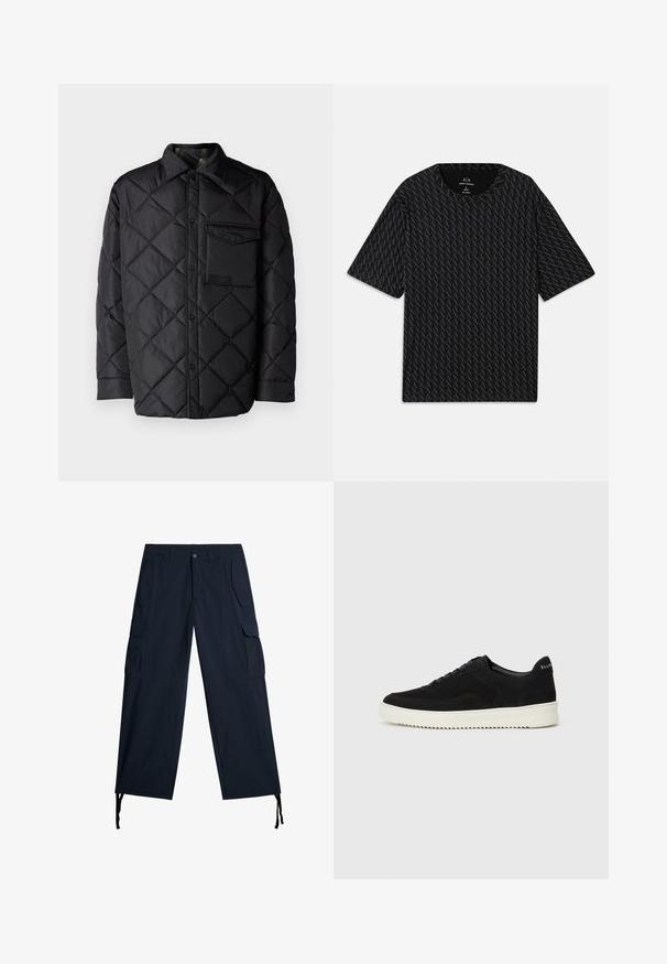 Czarna pikowana kurtka z diamentowym wzorem, długimi rękawami, kołnierzem i kieszenią na piersi. Gładka tekstura i zapięcie na napy.; Czarny T-shirt z fakturowanym wzorem naprzemiennych logo 'A', krótkimi rękawami i okrągłym dekoltem. Wykonany z lekkiego materiału.; Granatowe spodnie cargo z wieloma bocznymi kieszeniami, luźnym krojem, związaniami przy nogawkach i gładką fakturą materiału.; Czarne zamszowe sneakersy z designem na sznurówki i kontrastującą białą gumową podeszwą. Posiadają teksturowane boczne panele oraz subtelne logo na pięcie.