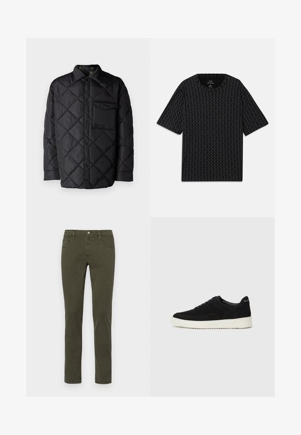 Black quilted jacket with diamond pattern, long sleeves, a collar, and a chest pocket. Smooth texture and snap-button closure.; Black T-shirt featuring a textured pattern of alternating 'A' logos, short sleeves, and a crew neckline. Made from lightweight fabric.; Olive green jeans with a slim fit, made of soft fabric, featuring a zip fly, front pockets, and subtle stitching details.; Black suede sneaker with lace-up design and contrasting white rubber sole. Features textured side panels and subtle branding on the heel.