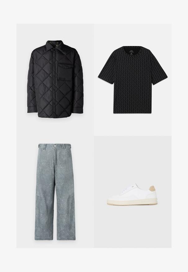 Black quilted jacket with diamond pattern, long sleeves, a collar, and a chest pocket. Smooth texture and snap-button closure.; Black T-shirt featuring a textured pattern of alternating 'A' logos, short sleeves, and a crew neckline. Made from lightweight fabric.; Light gray denim wide-leg pants with a textured finish, featuring a button closure, belt loops, and a slightly faded appearance.; White low-top sneakers with a textured leather upper, cream ridged sole, and a tan heel accent. Features white laces and logo detail on heel.