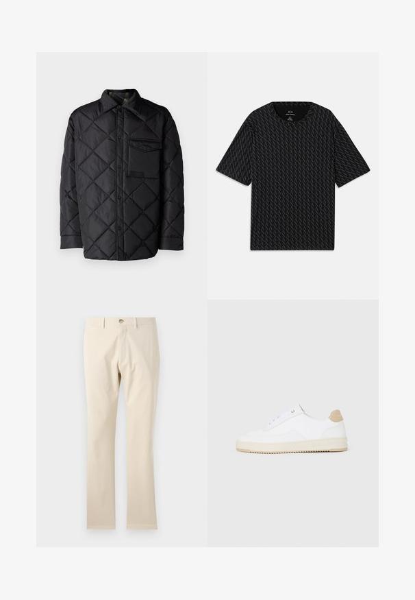 Black quilted jacket with diamond pattern, long sleeves, a collar, and a chest pocket. Smooth texture and snap-button closure.; Black T-shirt featuring a textured pattern of alternating 'A' logos, short sleeves, and a crew neckline. Made from lightweight fabric.; Beige cotton trousers, straight-leg design, featuring a button closure and belt loops, smooth texture, and no visible patterns or accents.; White low-top sneakers with a textured leather upper, cream ridged sole, and a tan heel accent. Features white laces and logo detail on heel.