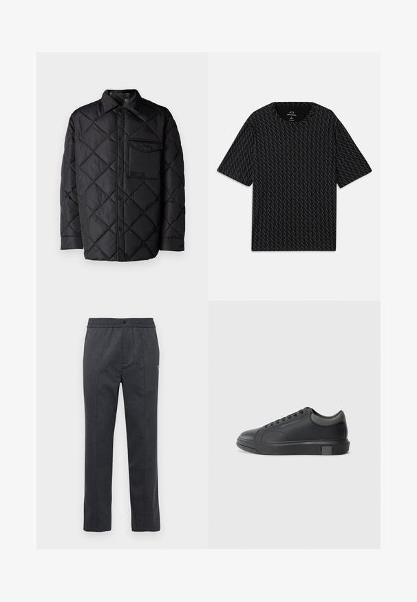 Black quilted jacket with diamond pattern, long sleeves, a collar, and a chest pocket. Smooth texture and snap-button closure.; Black T-shirt featuring a textured pattern of alternating 'A' logos, short sleeves, and a crew neckline. Made from lightweight fabric.; Dark gray straight-leg pants with elastic waistband, front button closure, and subtle embroidered detail on the right side.; Black leather sneaker with a smooth finish, rounded toe, and dark grey accents. Features lace-up design and textured rubber sole.