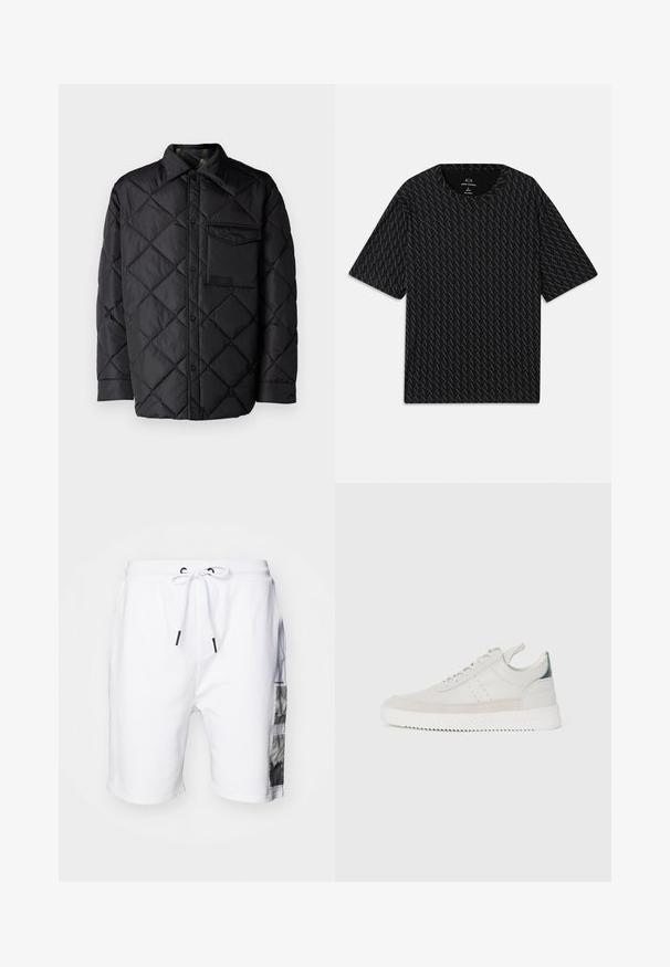 Black quilted jacket with diamond pattern, long sleeves, a collar, and a chest pocket. Smooth texture and snap-button closure.; Black T-shirt featuring a textured pattern of alternating 'A' logos, short sleeves, and a crew neckline. Made from lightweight fabric.; Iceberg BERMUDA - Tracksuit bottoms - bianco ottico; White leather sneakers with gray suede accents, lace-up design, pull tab, and textured rubber sole featuring a zigzag pattern.