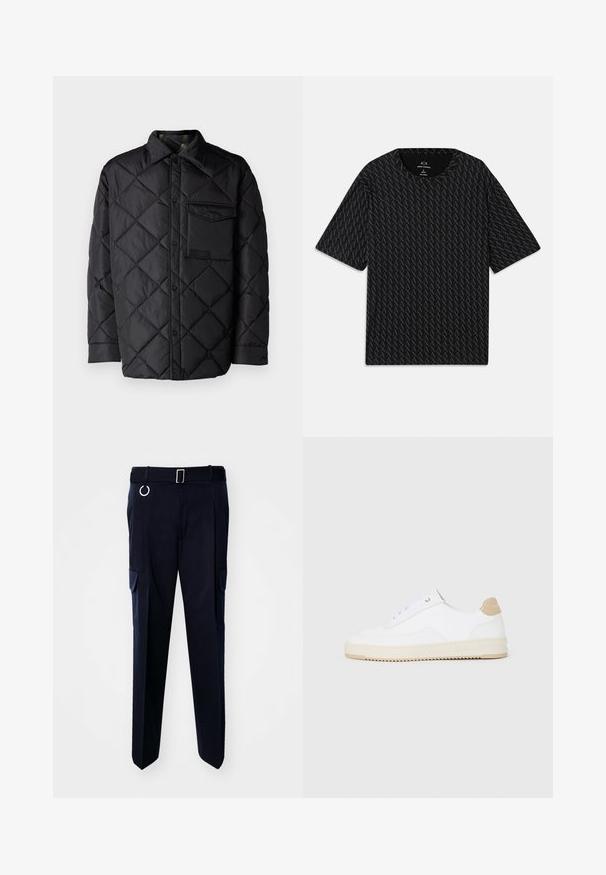 Juodas susiuvinėtas švarkas su deimanto raštu, ilgomis rankovėmis, apykakle ir krūtine kišenėle. Lygus paviršius ir užsegimas snapeliais.; Juodas marškinėliai su tekstūruotu pakaitinių 'A' logotipų raštu, trumpomis rankovėmis ir apvalia iškirpte. Pagaminti iš lengvos medžiagos.; Tamsiai mėlyni krovinių kelnės, pagamintos iš tvirtos medžiagos, su diržu ir sidabriniu sagtimi bei dviem šoninėmis kišenėmis su uždangalais.; Baltos žemos sportbačiai su tekstūruota odine viršutinė dalimi, kreminė banguota priekiu ir ruda kulno akcentu. Yra baltos raištelės ir logotipas ant kulno.