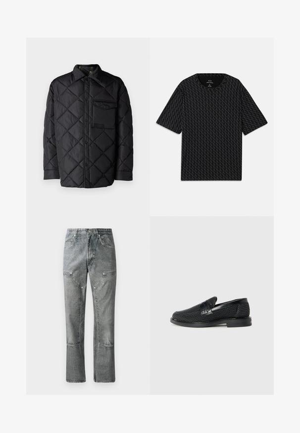 Giacca nera trapuntata con motivo a diamond, maniche lunghe, colletto e taschino sul petto. Texture liscia e chiusura con bottoni a pressione.; T-shirt nera con un motivo testurizzato di loghi 'A' alternati, maniche corte e scollo rotondo. Realizzata in tessuto leggero.; Jeans in denim grigio con taglio dritto, dotati di tasche frontali, cuciture a vista e finitura scolorita. Il materiale ha una texture liscia.; Scarpa nera a mocassino intrecciata con un accentuato in pelle liscia sulla parte superiore, design a punta rotonda e suola in gomma a profilo basso.