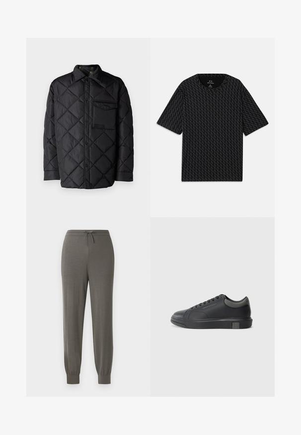 Musta tikattu takki, jossa on timanttipatterni, pitkät hihat, kaulus ja rintatasku. Sileä tekstuuri ja nepparikiinnitys.; Mustat T-paita, jossa on teksturoitu kuvio, jossa vuorottelevat 'A' -logot, lyhyet hihat ja pyöreä pääntie. Valmistettu kevyestä kankaasta.; Harmaat jogginghousut, joissa on nyöri vyötäröllä, kapenevat lahkeet, pehmeä kankaan rakenne ja sileä, minimalistinen muotoilu.; Musta nahkasneakeri, jossa on sileä pinta, pyöreä varvastulli ja tummanharmaat yksityiskohdat. Varustettu nauhakiinnityksellä ja kuvioidulla kumipohjalla.