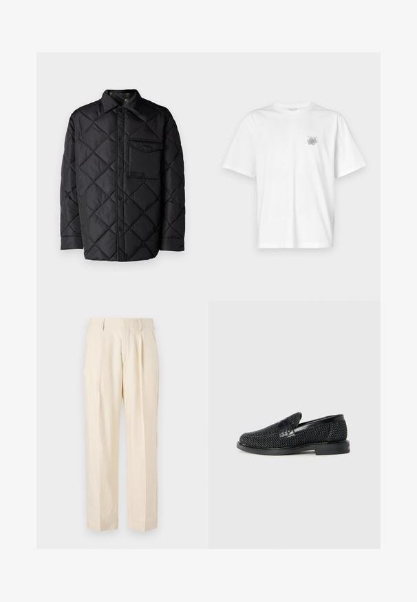 Svart quiltet jakke med diamantmønster, lange ermer, krage og brystlomme. Glatt tekstur og trykknapplukking.; Hvit T-skjorte laget av bomull, med korte ermer, rund hals og en liten grå logo på venstre brystområde. Smooth tekstur.; NN.07 KAY - Bukse - off white; Sorte vevde slip-on sko med en glatt lærdetalj på overdelen, design med rund tå og en lavprofil gummisåle.