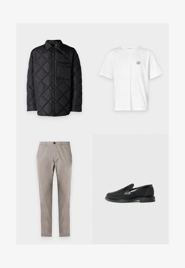 Crna jakna od prešane tkanine s dijamantnim uzorkom, dugim rukavima, ovratnikom i džepom na prsima. Glatka tekstura i zatvaranje na dugmad.; Bijela majica od pamuka s kratkim rukavima, okruglim izrezom i malim sivim logotipom na lijevoj strani prsnog područja. Glatka tekstura.; Sive pamučne hlače ravnog kroja, s kopčanjem na dugme, prednjim džepovima i glatkom teksturom. Nema drugih detalja ili uzoraka vidljivih.; Crne pletene cipele bez pertli s glatkim kožnim naglaskom na gornjem dijelu, s dizajnom okruglog nosa i niskoprofilnom gumenom đonom.