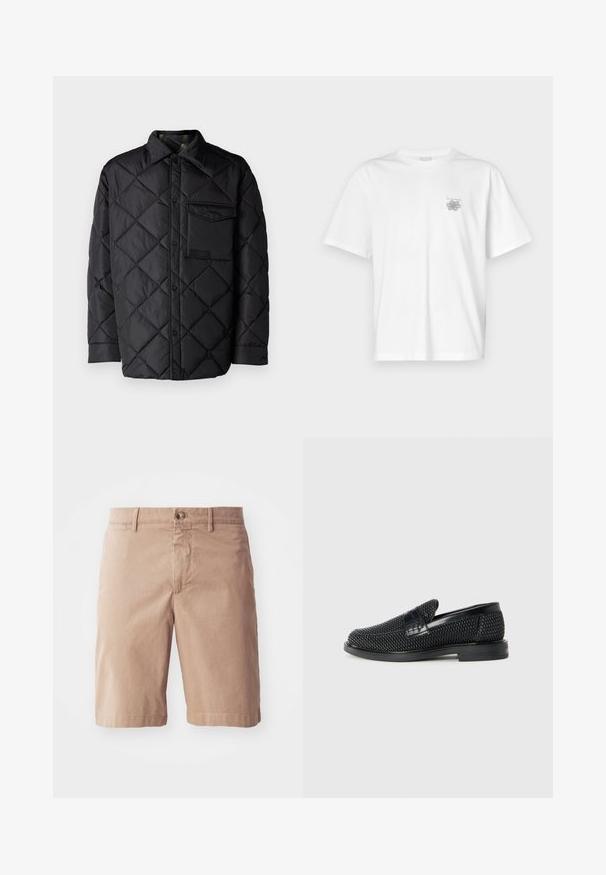 Schwarze gesteppte Jacke mit Diamantmuster, langen Ärmeln, Kragen und einer Brusttasche. Glatte Textur und Druckknopfverschluss.; Weißes T-Shirt aus Baumwolle mit kurzen Ärmeln, Rundhalsausschnitt und kleinem grauen Logo auf der linken Brustseite. Glatte Textur.; Beige Baumwollshorts mit geradem Bein, ausgestattet mit einem Frontknopfverschluss und Gürtelschlaufen. Glatte Textur mit minimalen Nähdetails.; Schwarzer geflochtener Slipper mit einem glatten Lederakzent im Obermaterial, einem runden Zehendesign und einer flachen Gummisohle.