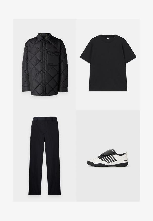 Zwarte doorgestikte jas met ruitpatroon, lange mouwen, een kraag en een borstzak. Gladde textuur en drukknoopsluiting.; Zwart kortebril T-shirt van katoen, met een ronde hals en een klein logo detail near de zoom. Gladde textuur, normale pasvorm.; Zwarte broek van een lichtgewicht, gestructureerde stof, met een recht model, elastische Tailleband en zijzakken met rits.; Sneaker met een witte gekraakte textuur, zwarte accenten, vijf horizontale strepen en een zwarte gewatteerde tong met het label "1984." Zwarte rubberen zool.