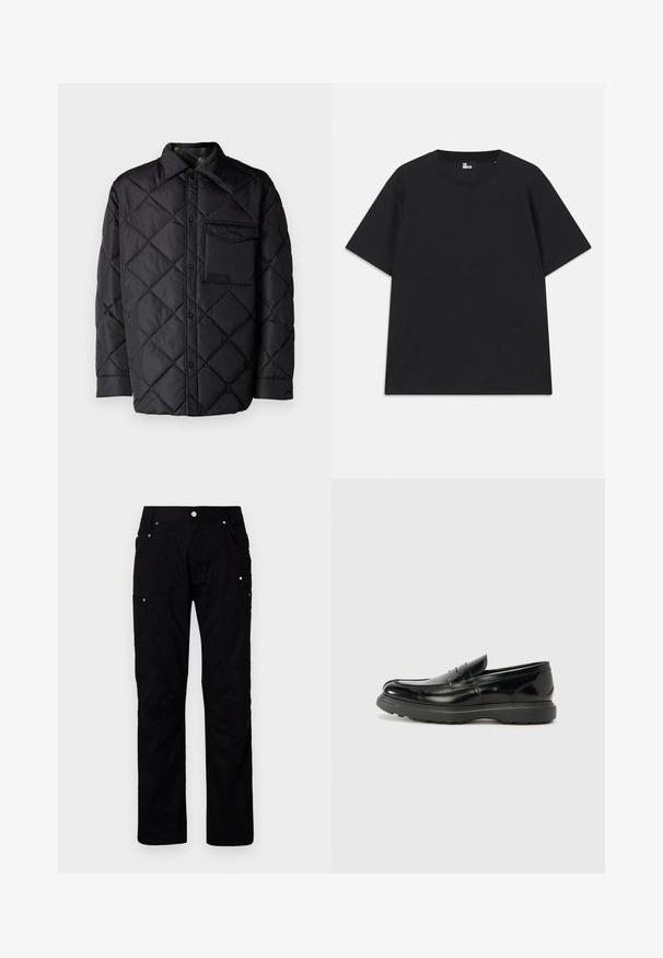 Crna jakna od prešane tkanine s dijamantnim uzorkom, dugim rukavima, ovratnikom i džepom na prsima. Glatka tekstura i zatvaranje na dugmad.; Crna kratkotrajna majica s kratkim rukavima od pamuka, s okruglim izrezom i malim logotipom blizu rubova. Glatka tekstura, klasičan kroj.; Crne cargo hlače napravljene od izdržljivog materijala s više džepova, ojačanom šavovima i metalnim detaljima za poboljšanu funkcionalnost.; Crne kožne mokasine s sjajnom završnom obradom, okruglim vrhom, suptilnim detaljima šivanja i debelim gumenim đonom za izdržljivost.