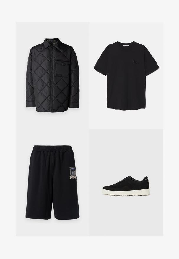 Giacca nera trapuntata con motivo a diamond, maniche lunghe, colletto e taschino sul petto. Texture liscia e chiusura con bottoni a pressione.; T-shirt in cotone nero con collo rotondo, maniche corte e stampa bianca del logo sul lato sinistro del petto. Design semplice e monocromatico.; Pantaloni corti neri in cotone con cintura elastica, tasche laterali e una patch decorativa con la scritta "Amore e Giustizia" sulla gamba sinistra.; Sneaker in suede nero con design con lacci e suola in gomma bianca a contrasto. Presenta pannelli laterali testurizzati e un marchio discreto sul tallone.