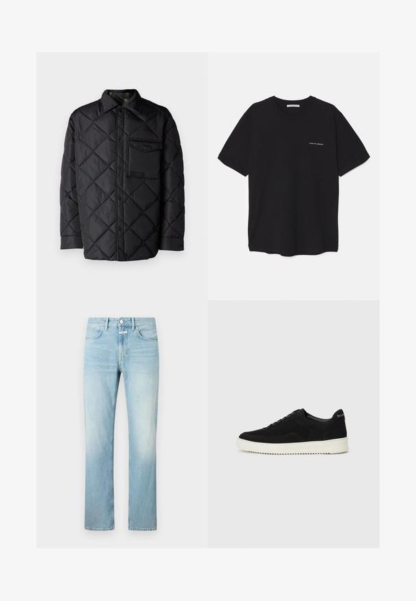 Juodas susiuvinėtas švarkas su deimanto raštu, ilgomis rankovėmis, apykakle ir krūtine kišenėle. Lygus paviršius ir užsegimas snapeliais.; Juoda medvilninė marškinėlė su apykakle, trumpomis rankovėmis ir baltu logotipu kairėje krūtinės pusėje. Paprastas, vientisas spalvų dizainas.; Šviesiai mėlyni džinsai su tiesia kojelių iškirpimu, turintys klasikinį penkių kišenių dizainą ir mygtukų užsegimą.; Juodos veliūrinės sportinės bateliai su raištelių dizainu ir kontrastinga balta gumine padais. Yra tekstūruoti šoniniai skydeliai ir subtilus logotipas ant kulno.