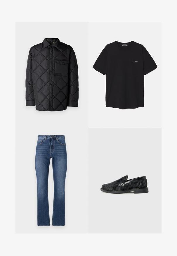Čierna prešívaná bunda s diamantovým vzorom, dlhé rukávy, golier a náprsné vrecko. Hladká textúra a zapínanie na patentky.; Čierne bavlnené tričko s okrúhlym výstrihom, krátkymi rukávmi a bielou potlačou loga na ľavej hrudi. Jednoduchý, jednoliaty dizajn.; Modré džínsy so strihom rovného nohu, ktoré majú klasické vrecká a prešité pásiky, s medzlím praním a jemným zjemnením.; Čierne tkané slip-on topánky s hladkým koženým akcentom na vrchnej časti, s okrúlym dizajnom špičky a nízkoprofilovou gumovou podrážkou.
