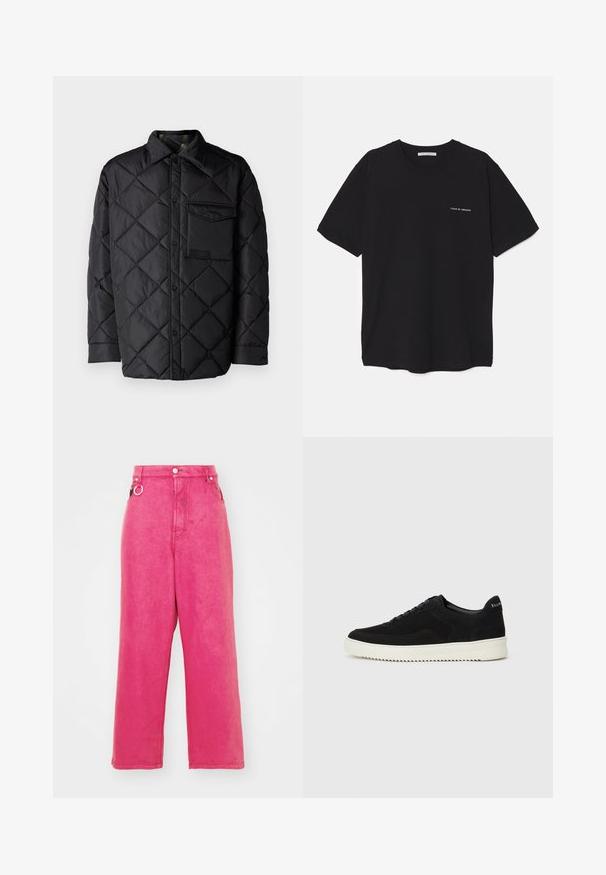 Mustra mustriga mustav tepitud jakk, pika varrukaga, kraega ja rinnakotiga. Sile tekstuur ja nupuklipp.; Must musta T-särk, ümar kaelus, lühikesed varrukad ja valge logo trükk vasakul rinnal. Lihtne, ühtlane värvitoon.; Roosa lai jalgadega teksased kõrge vöökoht, valmistatud denimist, joonistatud nupuga ja lukuga sulgemine, vöödespandud augud ja dekoratiivne rõngasdetail.; Mustad suede jooksujalatsid, millel on paelad ja kontrastne valge kummitald. Omab tekstuuriga külgpaneele ja tagasihoidlikku brändimist kandadel.