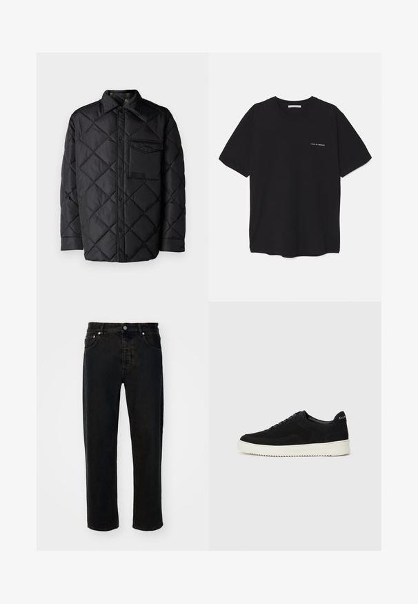 Veste noire matelassée avec motif en losange, manches longues, un col et une poche poitrine. Texture lisse et fermeture à boutons-pression.; T-shirt en coton noir avec un col rond, des manches courtes et un logo blanc imprimé sur la poitrine gauche. Design simple, couleur unie.; Jeans en denim noir avec une coupe droite, design à cinq poches, bouton en métal et coutures contrastantes. Tissu texturé avec un léger effet délavé.; Baskets en daim noir avec un design à lacets et une semelle en caoutchouc blanc contrastant. Comprend des panneaux latéraux texturés et un logo subtil sur le talon.