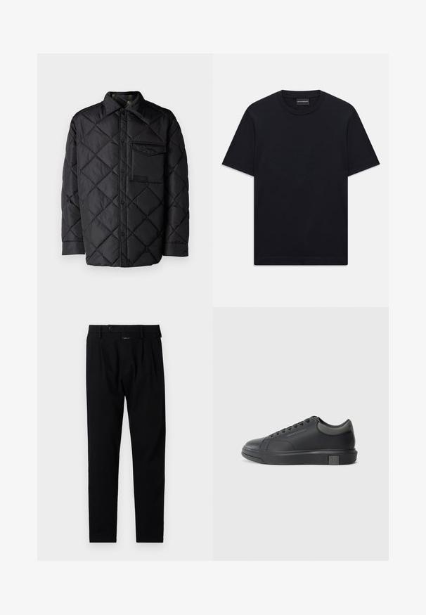 Svart quiltet jakke med diamantmønster, lange ermer, krage og brystlomme. Glatt tekstur og trykknapplukking.; Svart kortermet T-skjorte med rund hals og subtil preget logo-design sentrert på brystet, samt et merke inne i halsen.; Sorte bukser med skreddersydd passform, med flat front, enkle folder og knapplukking. Laget av glatt stoff, egnet for formelle anledninger.; Sorte lærersneakers med en glat finish, rund tå og mørkegrå detaljer. Har snørebånd og en struktureret gummisål.