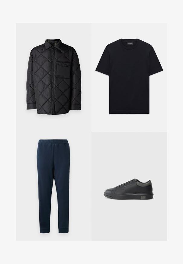 Crna jakna od prešane tkanine s dijamantnim uzorkom, dugim rukavima, ovratnikom i džepom na prsima. Glatka tekstura i zatvaranje na dugmad.; Crna majica kratkih rukava s okruglim izrezom, s blagim reljefnim logotipom smještenim u središtu prsnog dijela i oznakom branda unutar ovratnika.; Tamno plave trenirke od mekanog materijala, s elastičnom ljubavlju i suženim nogavicama. Prikazan logo uz stranicu.; Crne kožne tenisice s glatkom završnom obradom, okruglim vrhom i tamno sivim detaljima. Imaju vezanje i teksturiranu gumenu potplat.