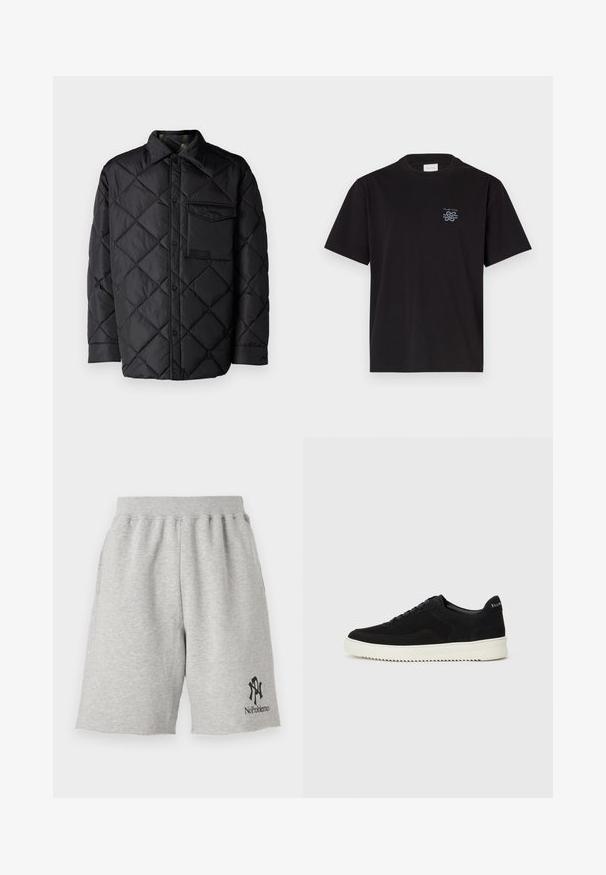 Schwarze gesteppte Jacke mit Diamantmuster, langen Ärmeln, Kragen und einer Brusttasche. Glatte Textur und Druckknopfverschluss.; Schwarzes Baumwoll-T-Shirt mit Rundhalsausschnitt und kurzen Ärmeln. Mit einem kleinen blauen Logo auf der linken Brust. Einfaches, gerade geschnittenes Design.; Graue Baumwollshorts mit einem elastischen Bund, ausgestattet mit einem schwarzen Logo auf der unteren linken Seite, das "No Problemo" liest, und rohen Kanten.; Schwarze Wildleder-Sneaker mit Schnürdesign und kontrastierender weißer Gummisohle. Verfügt über strukturierte Seitenpaneele und dezentes Branding an der Ferse.