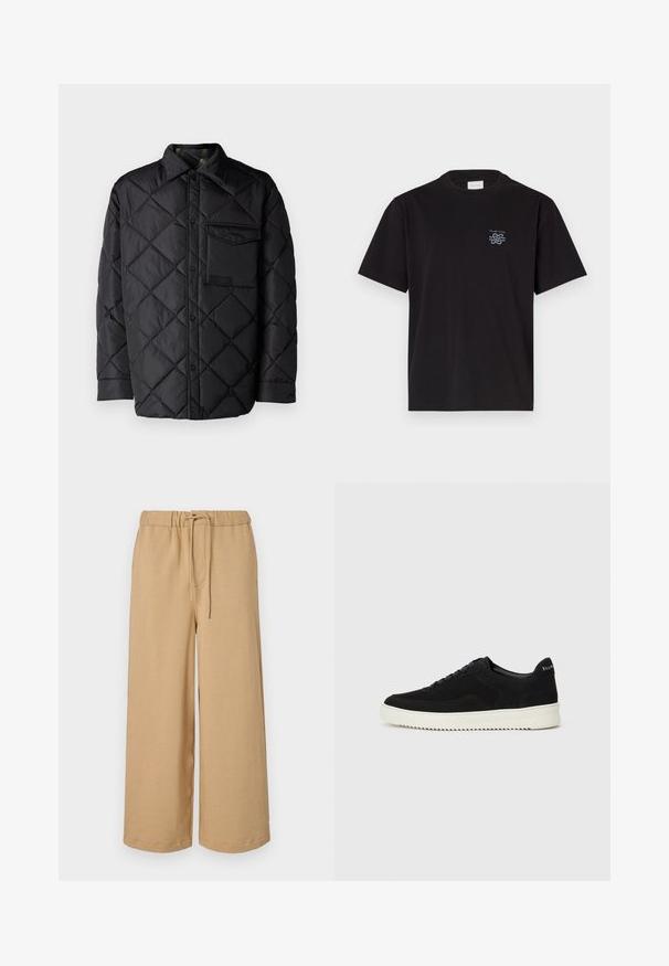 Black quilted jacket with diamond pattern, long sleeves, a collar, and a chest pocket. Smooth texture and snap-button closure.; Black cotton t-shirt with a crew neck and short sleeves. Features a small blue logo on the left chest. Simple, straight-cut design.; Beige wide-leg pants made of soft fabric, featuring an elastic waistband with a drawstring, side pockets, and a straight cut.; Black suede sneaker with lace-up design and contrasting white rubber sole. Features textured side panels and subtle branding on the heel.