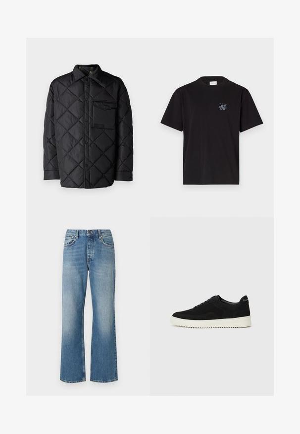 Black quilted jacket with diamond pattern, long sleeves, a collar, and a chest pocket. Smooth texture and snap-button closure.; Black cotton t-shirt with a crew neck and short sleeves. Features a small blue logo on the left chest. Simple, straight-cut design.; Light blue denim jeans with a wide-leg design, straight cut, five pockets, and a button closure at the waistband. Faded texture throughout.; Black suede sneaker with lace-up design and contrasting white rubber sole. Features textured side panels and subtle branding on the heel.