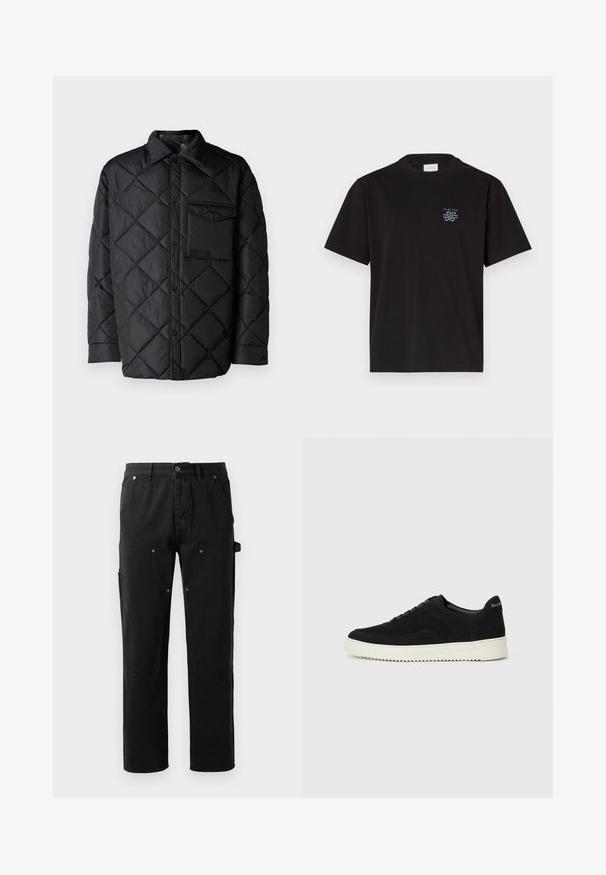 Fekete steppelt dzseki gyémántmintával, hosszú ujjak, gallér és mellzseb. Simaság jellemzi és patentos záródású.; Fekete pamut póló kerek nyakkal és rövid ujjakkal. Bal mellen egy kis kék logó található. Egyszerű, egyenes szabású dizájn.; Fekete pamut nadrág egyenes szárú kialakítással, két elülső zsebbel, oldalsó tároló zsebbel és patentgombos részletekkel.; Fekete velúr sportcipő fűzős dizájnnal és kontrasztos fehér gumitalppal. Jellemzői a textúrázott oldalpanelek és a diszkrét logó a sarokon.