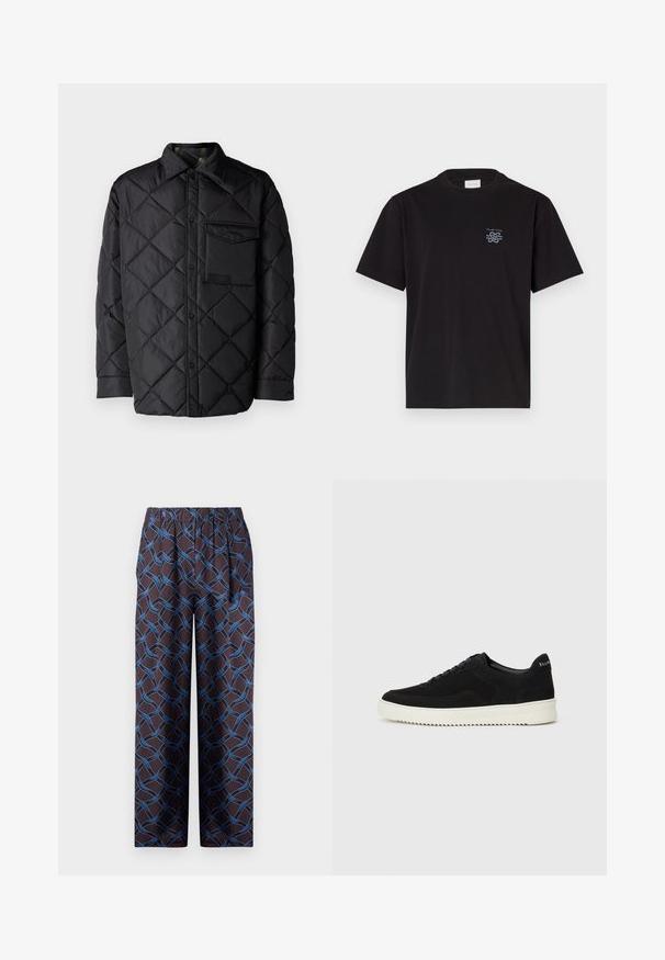 Črna prešita jakna z diamantom, dolgi rokavi, ovratnik in žep na prsih. Gladka tekstura in zapiranje na sponko.; Črna bombažna majica s kratkimi rokavi in kroоровim ovratnikom. Ima majhen modri logotip na levem prsnem delu. Preprost, ravno krojen dizajn.; Široke hlače iz temnega materiala, ki vsebujejo tkano modro vzorčenje. Elastičen pas zagotavlja udobje. Gladka tekstura z geometrijskimi poudarki.; Črni semiš teniški copati z vezalkami in kontrastnim belim gumijastim podplatom. Imajo teksturirane stranske panele in subtilno oznako na peti.