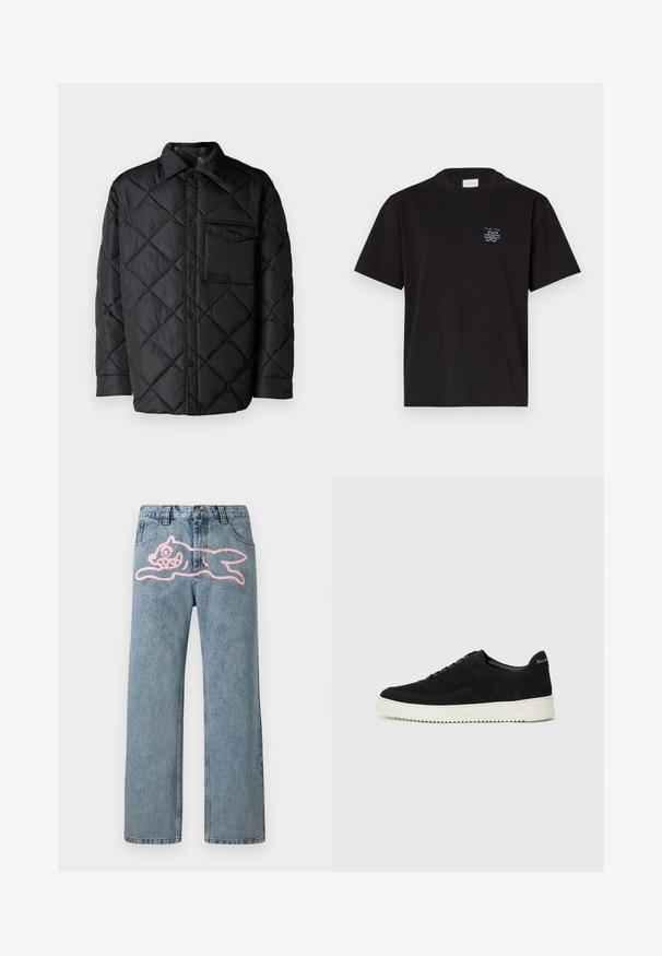 Černá prošívaná bunda s diamantovým vzorem, dlouhými rukávy, límcem a náprsní kapsou. Hladká textura a zapínání na tlakové knoflíky.; Černé bavlněné tričko s kulatým výstřihem a krátkými rukávy. Na levé části hrudi se nachází malé modré logo. Jednoduchý, rovně střižený design.; Světle modré džíny s rovnými nohavicemi, které mají velkou růžovou kreslenou kočku na levém stehna. Klasický design s pěti kapsami.; Černé semišové tenisky s krajkovým designem a kontrastní bílou gumovou podrážkou. Obsahují texturované boční panely a jemné branding na patě.