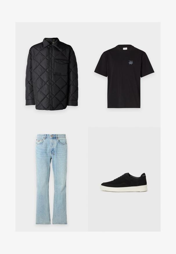 Zwarte doorgestikte jas met ruitpatroon, lange mouwen, een kraag en een borstzak. Gladde textuur en drukknoopsluiting.; Zwarte katoenen T-shirt met een ronde hals en korte mouwen. Heeft een klein blauw logo op de linkerkant van de borst. Eenvoudig, recht gesneden ontwerp.; Lichtblauwe denim jeans met een rechte broekspijp, klassiek vijf-pocket ontwerp, subtiele whiskering en metalen knoopsluiting bij de taille.; Zwarte suède sneakers met vetersluiting en contrasterende witte rubberen zool. Voorzien van textuurpanelen aan de zijkanten en subtiele branding op de hiel.