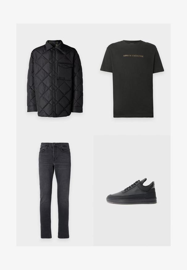 Black quilted jacket with diamond pattern, long sleeves, a collar, and a chest pocket. Smooth texture and snap-button closure.; Black short-sleeve crew neck t-shirt with "ARMANI EXCHANGE" printed in gold lettering across the chest.; Dark denim jeans with a slim fit, featuring five pockets, a button closure, and subtle stitching details on the waistband and hems.; Black leather sneakers with a textured surface, lace-up design, a low top, and a grey rubber sole featuring a ridged edge.