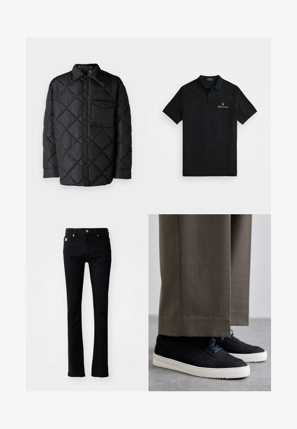 Fekete steppelt dzseki gyémántmintával, hosszú ujjak, gallér és mellzseb. Simaság jellemzi és patentos záródású.; Fekete pólóing, pamutból készült, klasszikus gallérral, rövid ujjú, arany hímzett "Ralph Lauren" logóval a mellrészen.; Fekete farmernadrág slim fit szabással, denim anyagból készült. Elöl gombos záródása van, két elülső zsebe és díszítő részletei a deréknál.; Fekete velúr sportcipők fehér gumitalppal, kerek orrú, fűzős kialakítással, szürke, szabott nadrággal párosítva.