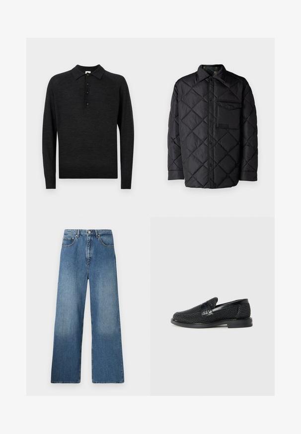 Čierna prešívaná bunda s diamantovým vzorom, dlhé rukávy, golier a náprsné vrecko. Hladká textúra a zapínanie na patentky.; Čierna polokošeľa s dlhým rukávom, vyrobená z jemného pleteného materiálu, s klasickým golierom, zapínaním na päť gombíkov a rebrovaným lemom.; Džíny s širokými nohavicami v modrej denimovej farbe ponúkajú klasický dizajn s piatimi vreckami, predným zapínaním na gombík a miernym osvetlením pre textúru.; Čierne tkané slip-on topánky s hladkým koženým akcentom na vrchnej časti, s okrúlym dizajnom špičky a nízkoprofilovou gumovou podrážkou.